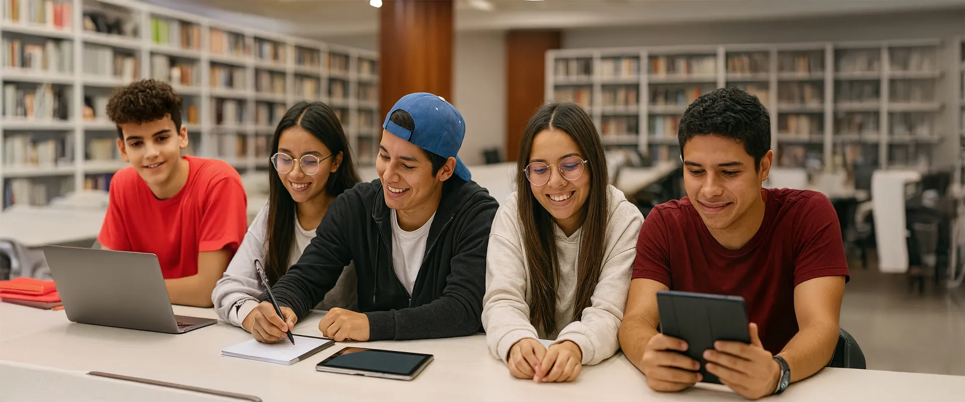 Estudiantes en la biblioteca de la Javeriana Cali reunidos trabajando